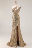 Sparkly Silver One Shoulder Mermaid Cut Out Sequin Long Prom Dress with Slit