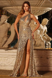 Sparkly Golden One Shoulder Mermaid Keyhole Sequin Long Prom Dress with Slit
