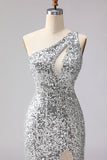 Sparkly Silver One Shoulder Mermaid Cut Out Sequin Long Prom Dress with Slit