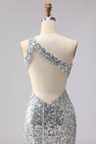 Sparkly Silver One Shoulder Mermaid Cut Out Sequin Long Prom Dress with Slit
