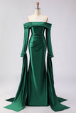 Dark Green Mermaid Off The Shoulder Satin Long Prom Dress with Long Sleeve