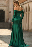 Dark Green Off The Shoulder Ruched Satin Mermaid Long Prom Dress with Long Sleeves