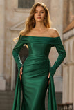 Dark Green Off The Shoulder Ruched Satin Mermaid Long Prom Dress with Long Sleeves