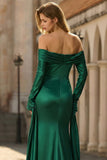 Dark Green Off The Shoulder Ruched Satin Mermaid Long Prom Dress with Long Sleeves