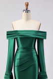 Dark Green Mermaid Off The Shoulder Satin Long Prom Dress with Long Sleeve