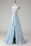 Blue Sequins A Line Sheer Corset Appliqued Long Prom Dress with Slit