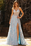 Blue Sequins A Line Sheer Corset 3D Flowers Long Prom Dress with Slit