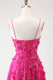 Fuchsia A Line Sequins Sheer Corset 3D Flowers Long Prom Dress with Slit
