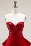 Glitter Red Mermaid Sweetheart Corset Sequin Ruched Long Prom Dress with Bow