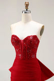 Glitter Red Mermaid Sweetheart Corset Sequin Ruched Long Prom Dress with Bow