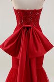 Glitter Red Mermaid Sweetheart Corset Sequin Ruched Long Prom Dress with Bow