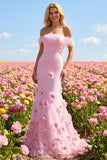 Pink 3D Flowers Off the Shoulder Mermaid Long Prom Dress