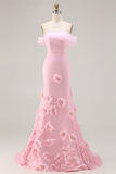 Pink 3D Flowers Off the Shoulder Mermaid Long Prom Dress