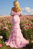 Pink 3D Flowers Off the Shoulder Mermaid Long Prom Dress