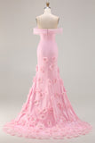 Pink 3D Flowers Off the Shoulder Mermaid Long Prom Dress