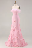 Pink 3D Flowers Off the Shoulder Mermaid Long Prom Dress