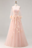 Blush A-Line Tulle Appliqued Corset Convertible Long Prom Dress with Sleeves