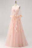 Blush A-Line Tulle Appliqued Corset Convertible Long Prom Dress with Sleeves