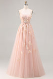 Blush A-Line Tulle Appliqued Corset Convertible Long Prom Dress with Sleeves