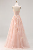 Blush A-Line Tulle Appliqued Corset Convertible Long Prom Dress with Sleeves
