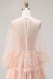 Blush A-Line Tulle Appliqued Corset Convertible Long Prom Dress with Sleeves