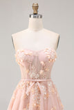 Blush A-Line Tulle Appliqued Corset Convertible Long Prom Dress with Sleeves