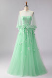 Blush A-Line Tulle Appliqued Corset Convertible Long Prom Dress with Sleeves