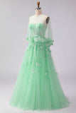 Blush A-Line Tulle Appliqued Corset Convertible Long Prom Dress with Sleeves