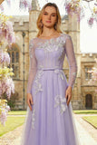 Lilac A Line Corset Sequins Tulle Long Prom Dress with Long Sleeves
