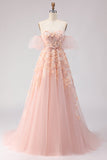 Off The Shoulder Blush A-Line Beaded Tulle Long Prom Dress with Removable Sleeves