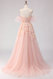 Off The Shoulder Blush A-Line Beaded Tulle Long Prom Dress with Removable Sleeves