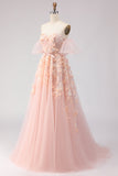 Off The Shoulder Blush A-Line Beaded Tulle Long Prom Dress with Removable Sleeves