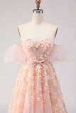 Purple Off The Shoulder Beaded A-Line Tulle Long Prom Dress with Removable Sleeves