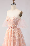 Off The Shoulder Blush A-Line Beaded Tulle Long Prom Dress with Removable Sleeves
