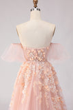 Off The Shoulder Blush A-Line Beaded Tulle Long Prom Dress with Removable Sleeves