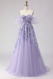 Off The Shoulder Blush A-Line Beaded Tulle Long Prom Dress with Removable Sleeves