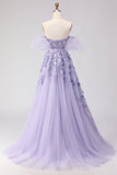 Purple Off The Shoulder Beaded A-Line Tulle Long Prom Dress with Removable Sleeves