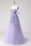 Purple Off The Shoulder Beaded A-Line Tulle Long Prom Dress with Removable Sleeves