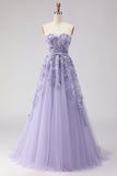 Purple Off The Shoulder Beaded A-Line Tulle Long Prom Dress with Removable Sleeves