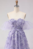 Purple Off The Shoulder Beaded A-Line Tulle Long Prom Dress with Removable Sleeves