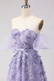 Purple Off The Shoulder Beaded A-Line Tulle Long Prom Dress with Removable Sleeves