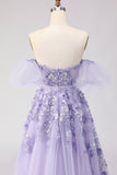 Purple Off The Shoulder Beaded A-Line Tulle Long Prom Dress with Removable Sleeves