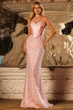 Sweetheart Mermaid Blush Corset Beaded Long Prom Dress with Sequins