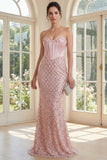 Blush Mermaid Sweetheart Corset Sequin Long Prom Dress with Beading