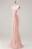 Blush Mermaid Sweetheart Corset Sequin Long Prom Dress with Beading