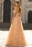 Champagne Off The Shoulder Floral A-Line Convertible Long Prom Dress
