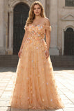 Champagn Appliqued A-Line Off The Shoulder Convertible Long Plus Size Prom Dress