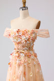 Champagne Off The Shoulder Floral A-Line Convertible Long Prom Dress