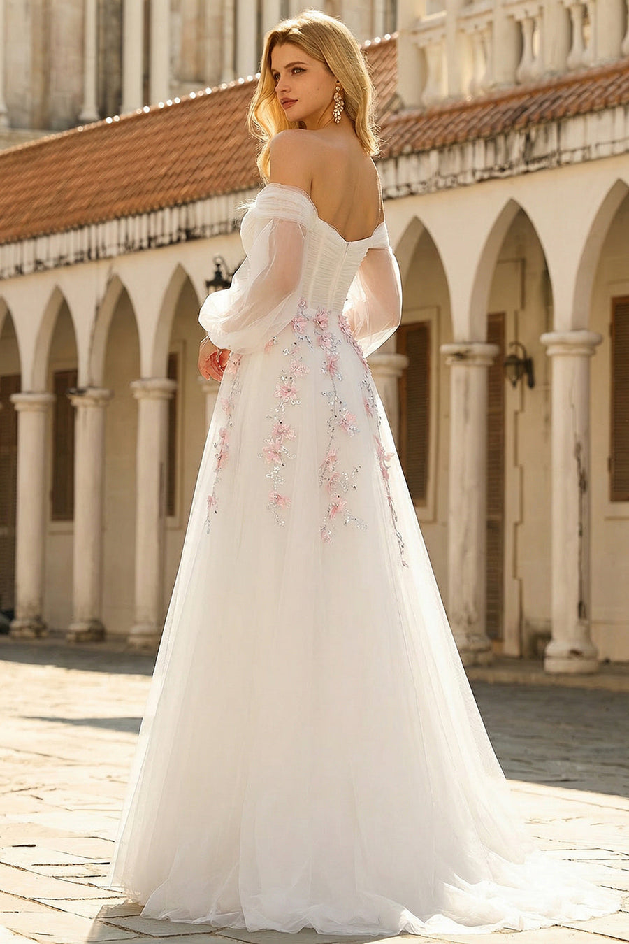ivory and main wedding dresses Ivory Beaded Lace A-Line Wedding Dress with Illusion Sleeves  LA160   Viniodress
