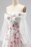 Off The Shoulder White A-Line Embroidered Tulle Long Prom Dress with Sequins